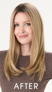 Model is wearing BARELY THERE STRAIGHT TOPPER in color PROSECCO | BROWN ROOTS WITH GOLDISH BLONDE HIGHLIGHTS