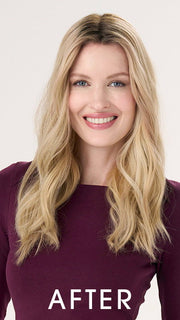 Model is wearing BARELY THERE WAVY 16" in color PROSECCO | BROWN ROOTS WITH GOLDISH BLONDE HIGHLIGHTS