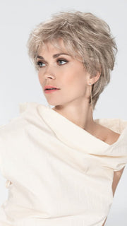 Model is wearing CHARME SOFT SMALL by ELLEN WILLE in PEARL MIX | Pearl Platinum and Medium Ash Blonde Blend