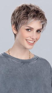 Model is wearing CHAT in DARK SMOKE FROSTED |  Light Brown and Medium Brown with Lightest Blonde and Grey Blend with a Soft Matte Finish	
