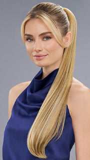 A ponytail extension that has 24" of cascading layered waves