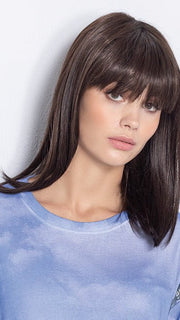 Model is wearing DARK CHOCOLATE ROOTED | Darkest/Dark Brown with Dark Auburn Blend and Shaded Roots