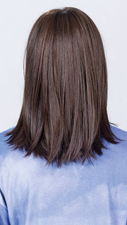 Model is wearing DARK CHOCOLATE ROOTED | Darkest/Dark Brown with Dark Auburn Blend and Shaded Roots