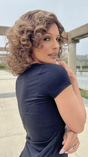 Roxie wearing JAMILA PLUS by ELLEN WILLE in HOT-MOCCA-ROOTED | Warm Medium Brown, Light Auburn, and Dark Auburn Blend