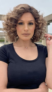 Roxie wearing JAMILA PLUS by ELLEN WILLE in HOT-MOCCA-ROOTED | Warm Medium Brown, Light Auburn, and Dark Auburn Blend
