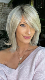 UPSTAGE by RAQUEL WELCH WIGS in color RL19/23SS SHADED BISCUIT | Light Ash Blonde Evenly Blended with Cool Platinum Blonde with Dark Roots