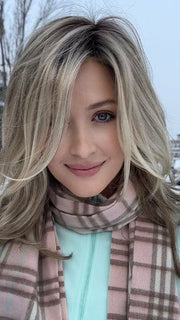 Steph B. @wigswithsteph wearing MIRANDA by JON RENAU in color 22F16S8 VENICE BLONDE | Light Ash Blonde and Light Natural Blonde Blend Shaded with Medium Brown