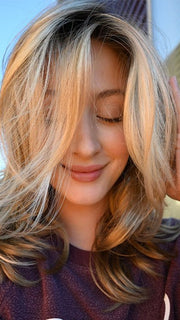 Steph B. @wigswithsteph wearing MIRANDA by JON RENAU in color 22F16S8 VENICE BLONDE | Light Ash Blonde and Light Natural Blonde Blend Shaded with Medium Brown