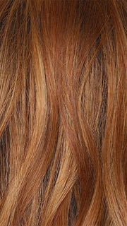 RUSTY SUNRISE R | Dark brown roots transition into a deep auburn tone with light copper blonde highlights for depth and dimension.