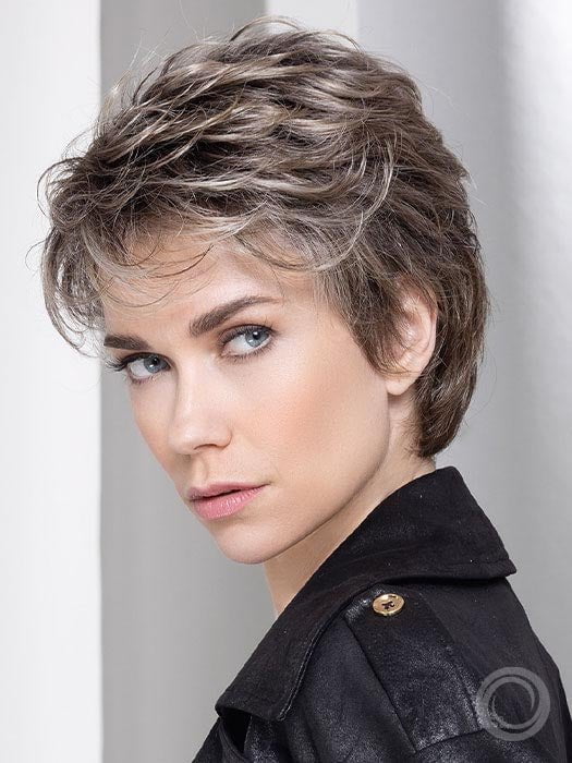 Model is wearing PRIMA SOFT in color DARK SAND SHADED 12.26.14 | Lightest Brown and Light Golden Blonde with Medium Ash Blonde Blend and Shaded Roots