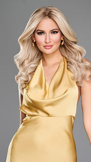 Model is wearing ATHENIAN ADVENTURE by RAQUEL WELCH in color RH18/23SS SHADED GLAZED BISCUIT | Ash Blonde with Cool Platinum Blonde hightlights from dark roots to ends