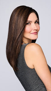 Model is wearing ROME ROMANCE by RAQUEL WELCH in color RH4/10SS SHADED JAVA | Off Black with Dark Brown highlights from dark roots to ends