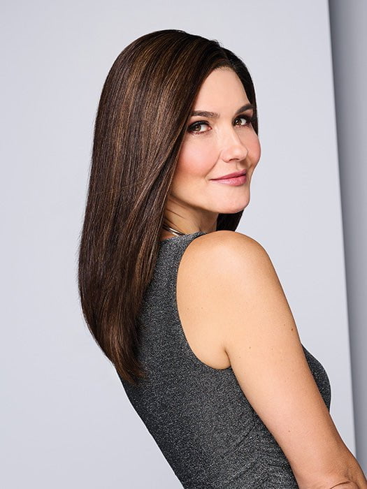 Model is wearing ROME ROMANCE by RAQUEL WELCH in color RH4/10SS SHADED JAVA | Off Black with Dark Brown highlights from dark roots to ends