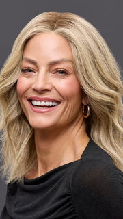 Model is wearing CARRIE LARGE by JON RENAU in color 24BT18S8 SHADED MOCHA | Medium Natural Ash Blonde & Light Natural Gold Blonde Blend, Shaded with Medium Brown