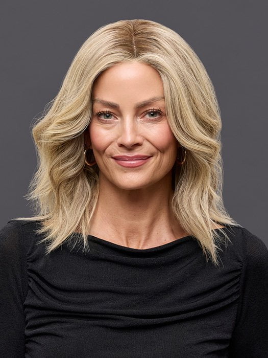 Model is wearing CARRIE LARGE by JON RENAU in color 24BT18S8 SHADED MOCHA | Medium Natural Ash Blonde & Light Natural Gold Blonde Blend, Shaded with Medium Brown