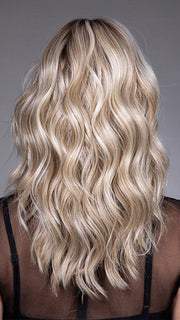 Model is wearing EVERDEEN by BELLETRESS in color BUTTERBEER R | Dark Brown Base and Root that transitions smoothly into a buttery blonde, infused with creamy honey and toffee tones