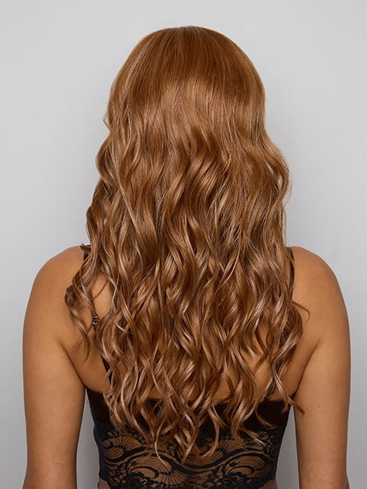 Model is wearing ESME by RENE OF PARIS in color CARAMEL COPPER | One‑tone Caramel Copper shade enhanced with ultra‑fine Cream Blonde highlights
