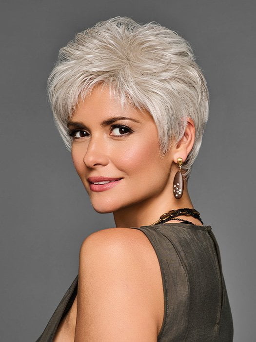 Model is wearing BOSS ENERGY by GABOR in color GF56-60 SUGARED SILVER | Lightest Gray Evenly Blended with Pure White