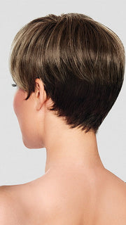 Model is wearing CROP CUT TOPPER by HAIRDO in color SS9/24 ICED CAFÉ LATTE | Dark Brown shaded with Golden Brown