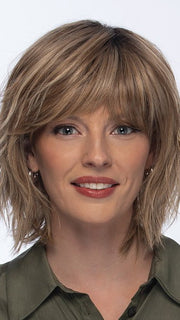 Model is wearing HOLLIS by ESTETICA in color RH12/26RT4 | Light Brown with Chunky Golden Blonde Highlights & Dark Brown Roots