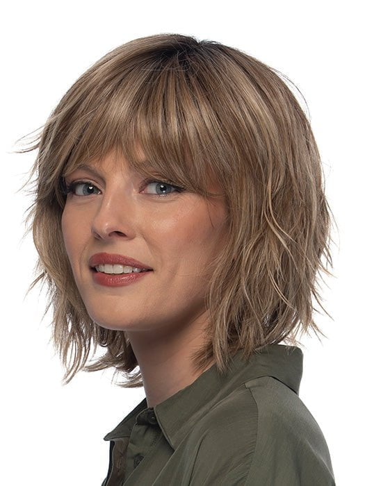 HOLLIS by ESTETICA in color RH12/26RT4 | Light Brown with Chunky Golden Blonde Highlights & Dark Brown Roots
