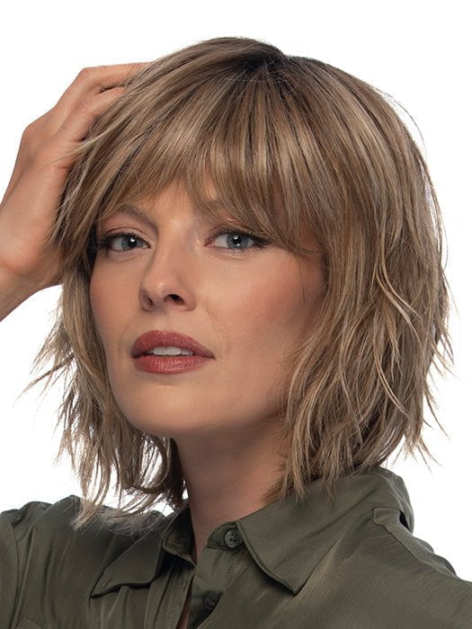 HOLLIS by ESTETICA in color RH12/26RT4 | Light Brown with Chunky Golden Blonde Highlights & Dark Brown Roots