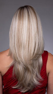 Model is wearing KARINA by BELLETRESS in color BUTTERBEER R | Dark Brown Base and Root that transitions smoothly into a buttery blonde, infused with creamy honey and toffee tones