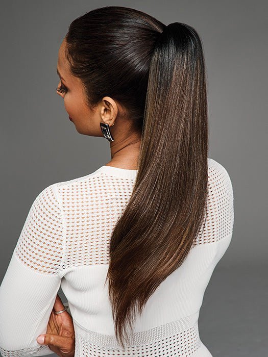 Model is wearing MC8/29SS CHOCOLATE TOFFEE | Dark Brown with Reddish Brown Highlights