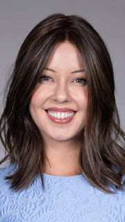 Model is wearing LYON by BELLETRESS in color DARK BROWN HL | A Blend of Dark Brown, Strawberry Light Auburn and Soft Chunky Medium and Dark Blonde Highlights