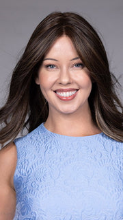 Model is wearing LYON by BELLETRESS in color DARK BROWN HL | A Blend of Dark Brown, Strawberry Light Auburn and Soft Chunky Medium and Dark Blonde Highlights