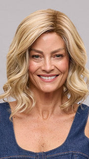 Model is wearing LACY LITE by JON RENAU in color 12FS12 MALIBU BLONDE | Light Gold Brown, Light Natural Gold Blonde, Pale Natural Gold-Blonde Blend, Shaded with Light Gold Brown