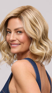 Model is wearing LACY LITE by JON RENAU in color 12FS12 MALIBU BLONDE | Light Gold Brown, Light Natural Gold Blonde, Pale Natural Gold-Blonde Blend, Shaded with Light Gold Brown