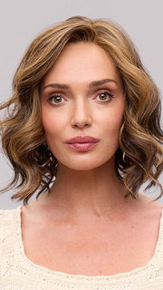 Model is wearing LACY LITE by JON RENAU in color FS6/30/27 TOFFEE TRUFFLE | Brown, Medium Red-Gold, Medium Red-Gold Blonde Blend with Medium Red Gold Blonde Bold Highlights
