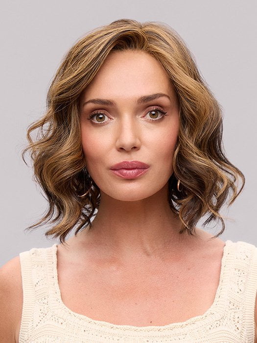 Model is wearing LACY LITE by JON RENAU in color FS6/30/27 TOFFEE TRUFFLE | Brown, Medium Red-Gold, Medium Red-Gold Blonde Blend with Medium Red Gold Blonde Bold Highlights