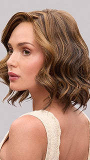 Model is wearing LACY LITE by JON RENAU in color FS6/30/27 TOFFEE TRUFFLE | Brown, Medium Red-Gold, Medium Red-Gold Blonde Blend with Medium Red Gold Blonde Bold Highlights
