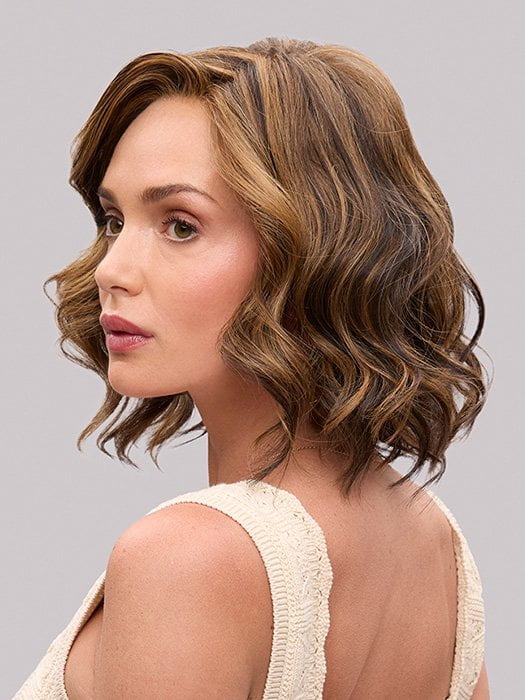 Model is wearing LACY LITE by JON RENAU in color FS6/30/27 TOFFEE TRUFFLE | Brown, Medium Red-Gold, Medium Red-Gold Blonde Blend with Medium Red Gold Blonde Bold Highlights