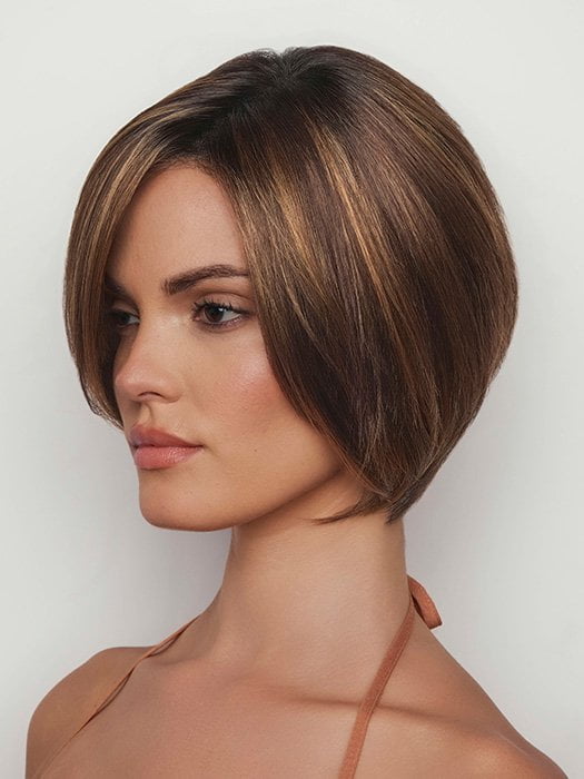 Model is wearing MAGGIE by RENE OF PARIS in color MARBLE-BROWN-R | Medium Brown Evenly Blended with Light Honey Brown