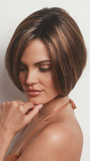 Model is wearing MAGGIE by RENE OF PARIS in color MARBLE-BROWN-R | Medium Brown Evenly Blended with Light Honey Brown