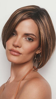 Model is wearing MAGGIE by RENE OF PARIS in color MARBLE-BROWN-R | Medium Brown Evenly Blended with Light Honey Brown
