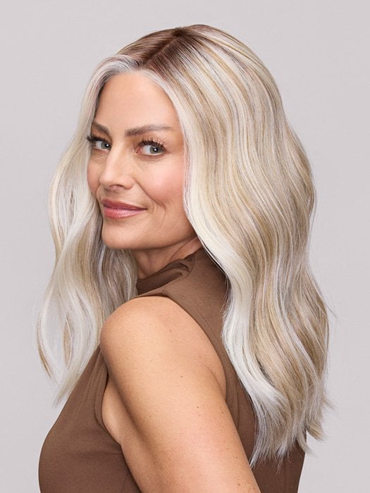 Model is wearing MORGAN by JON RENAU in color 101/88/27S8 CATALINA BLONDE | Pale blonde with Pure White Natural Violet halo highlights, shaded medium brown