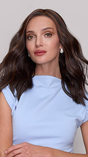 Model is wearing MORGAN by JON RENAU in color FS4/33/30A MIDNIGHT COCOA | Dark Brown, Medium Red, Medium Natural Red Blonde/Brown Blend with Medium Natural Red Blonde/Brown Blend Bold Highlights