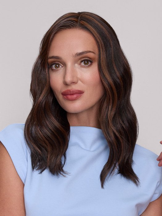 Model is wearing MORGAN by JON RENAU in color FS4/33/30A MIDNIGHT COCOA | Dark Brown, Medium Red, Medium Natural Red Blonde/Brown Blend with Medium Natural Red Blonde/Brown Blend Bold Highlights