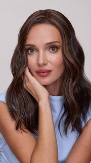 Model is wearing MORGAN by JON RENAU in color FS4/33/30A MIDNIGHT COCOA | Dark Brown, Medium Red, Medium Natural Red Blonde/Brown Blend with Medium Natural Red Blonde/Brown Blend Bold Highlights