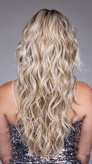 Model is wearing OLYMPIA by BELLETRESS in color BUTTERBEER R | Dark Brown Base and Root that transitions smoothly into a buttery blonde, infused with creamy honey and toffee tones