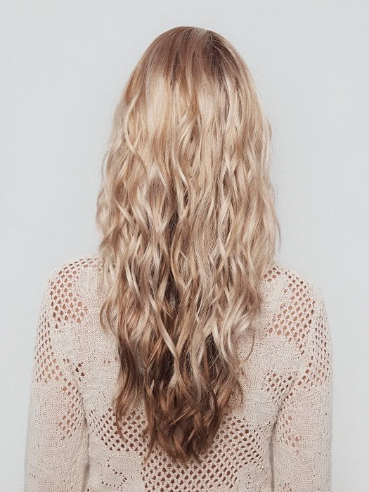 Model is wearing PHILLIPA by RENE OF PARIS in color WINTER OAT LATTE R | rooted honey blonde and platinum blonde blend with soft, dimensional highlights and lowlights