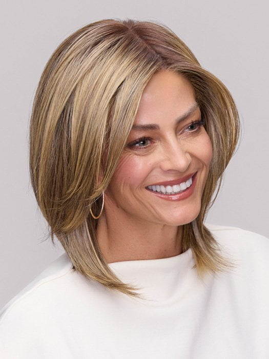 Model is wearing SLOANE by JON RENAU in color 24BT18S8 SHADED MOCHA | Medium Natural Ash Blonde & Light Natural Gold Blonde Blend, Shaded with Medium Brown