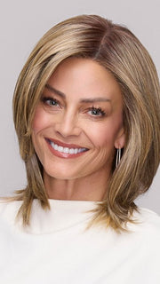 Model is wearing SLOANE by JON RENAU in color 24BT18S8 SHADED MOCHA | Medium Natural Ash Blonde & Light Natural Gold Blonde Blend, Shaded with Medium Brown