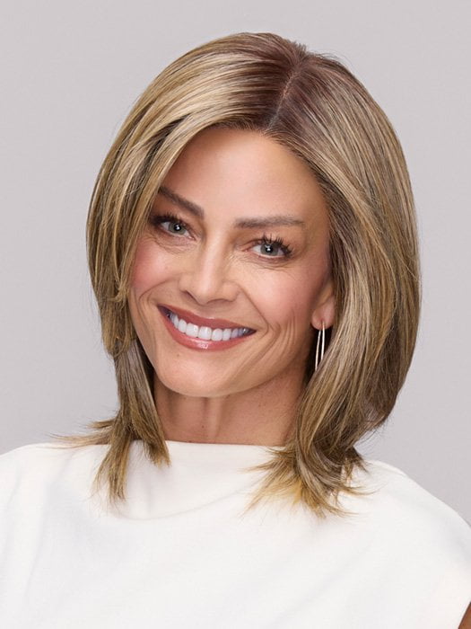 Model is wearing SLOANE by JON RENAU in color 24BT18S8 SHADED MOCHA | Medium Natural Ash Blonde & Light Natural Gold Blonde Blend, Shaded with Medium Brown