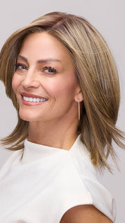 Model is wearing SLOANE by JON RENAU in color 24BT18S8 SHADED MOCHA | Medium Natural Ash Blonde & Light Natural Gold Blonde Blend, Shaded with Medium Brown