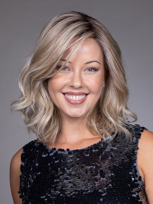 Model is wearing VIVIENNE by BELLETRESS in color BUTTERBEER R | Dark Brown Base and Root that transitions smoothly into a buttery blonde, infused with creamy honey and toffee tones